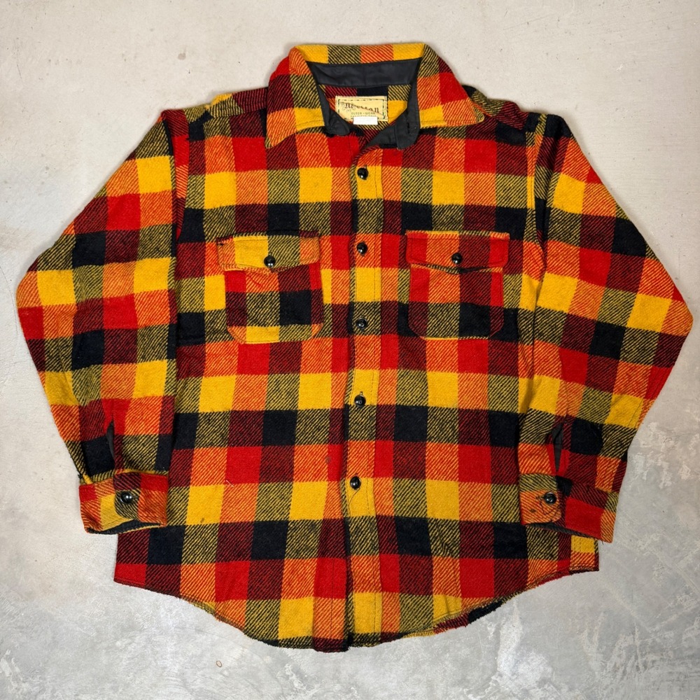 vtg 80s Melton heavyweight Red Yellow Fall Buffalo Plaid Wool Flannel Shirt L